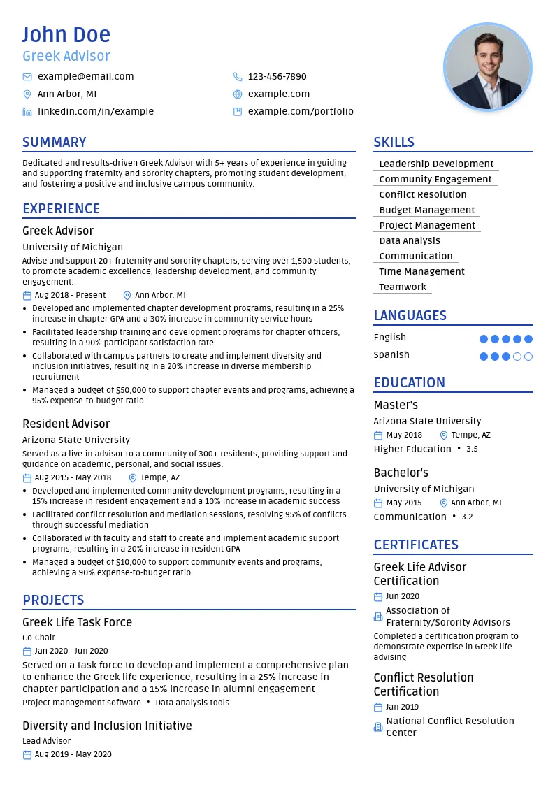 Greek Advisor resume example