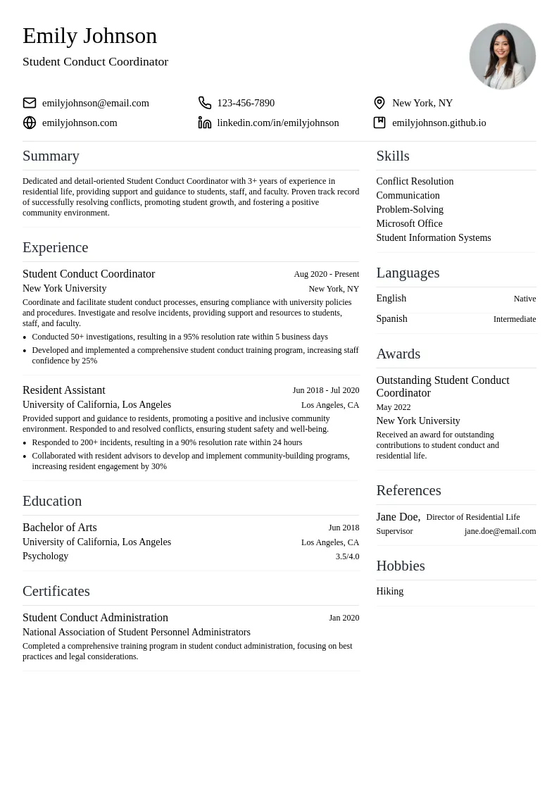 Student Conduct Coordinator resume example