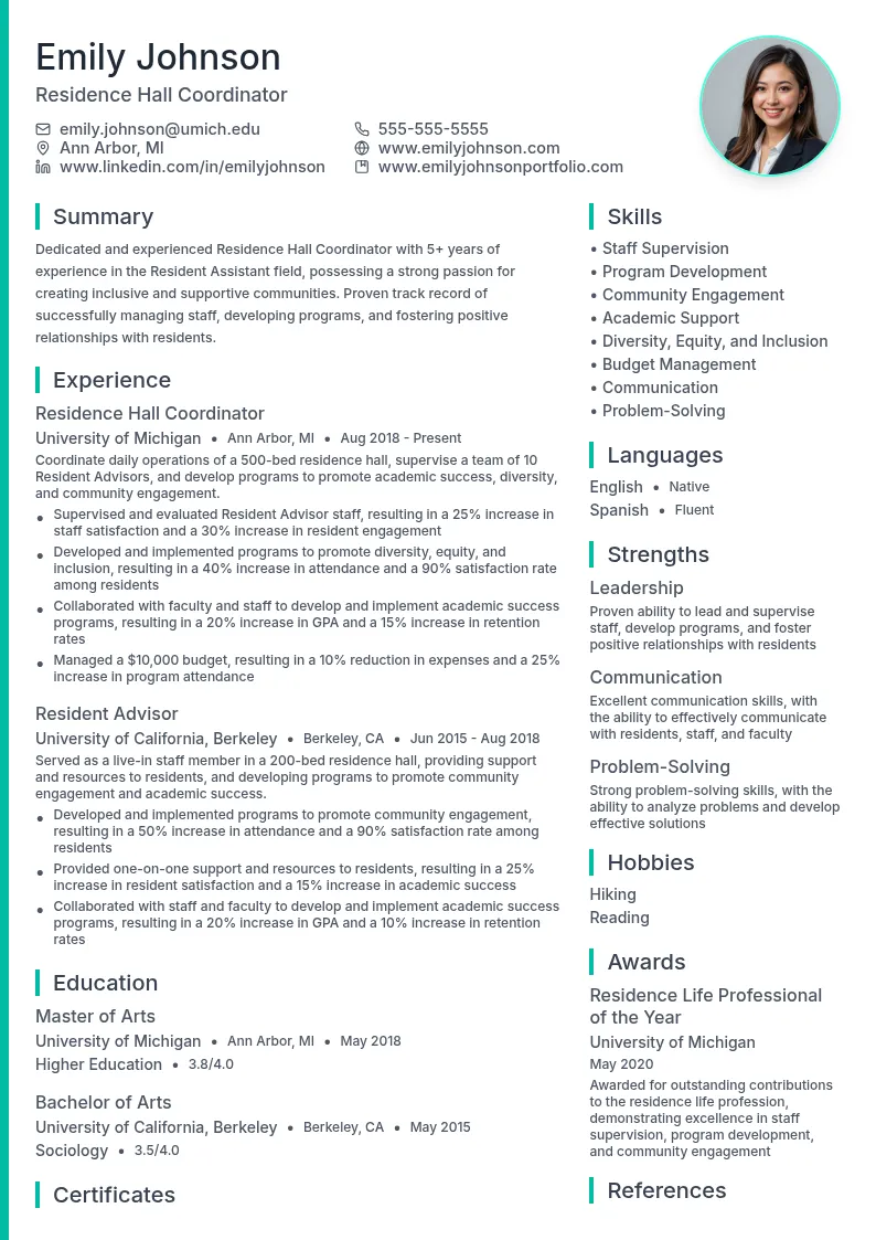 Residence Hall Coordinator resume example