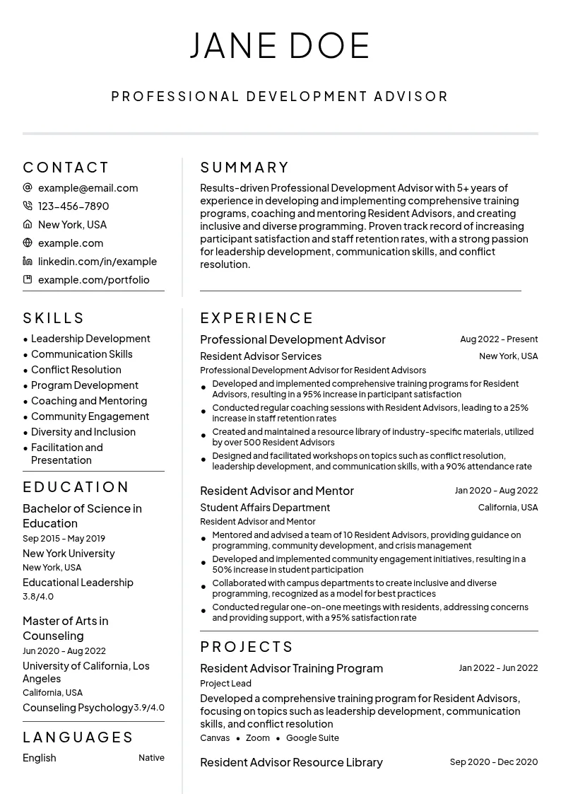 Professional Development Advisor resume example