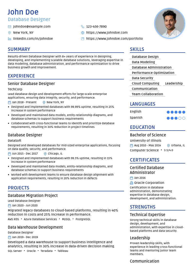 Database Designer resume example