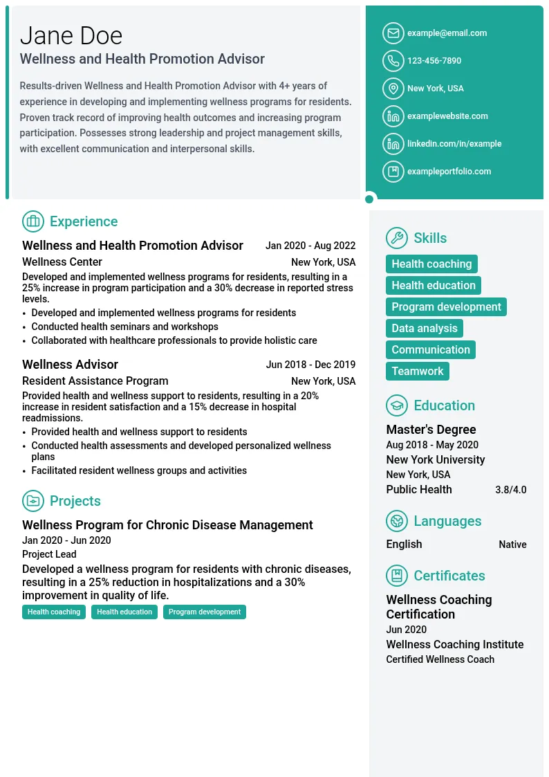 Wellness and Health Promotion Advisor resume example
