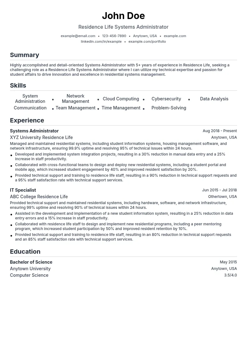 Residence Life Systems Administrator resume example