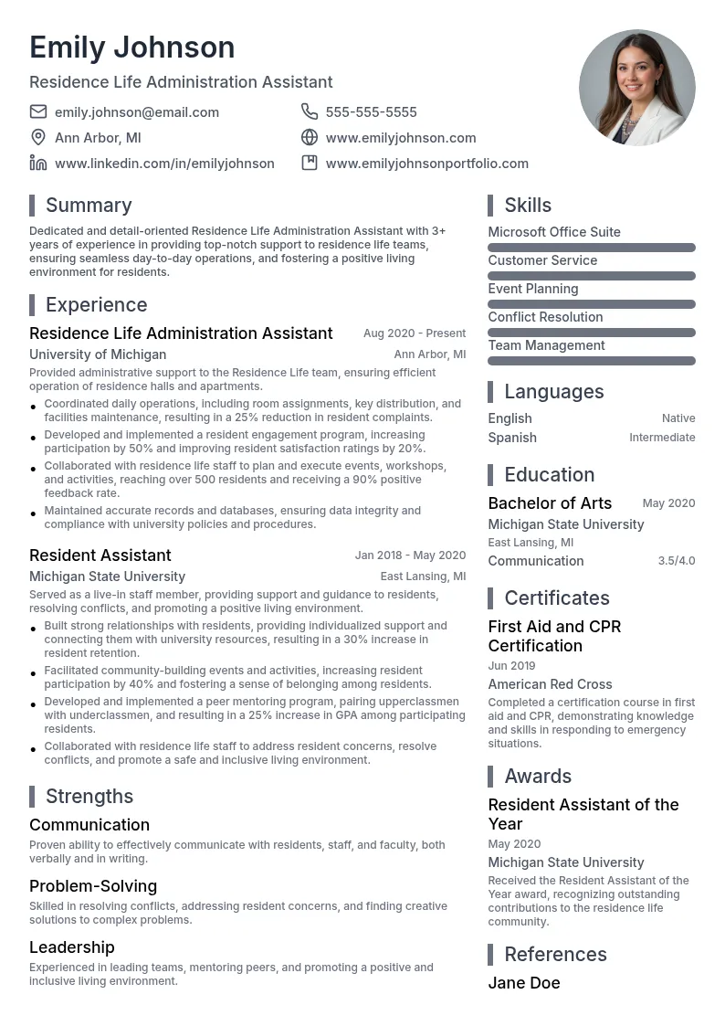 Residence Life Administration Assistant resume example