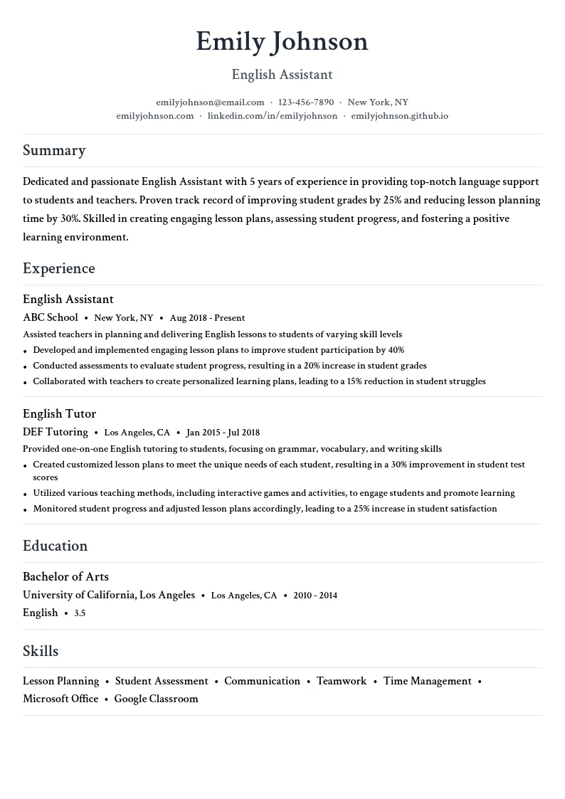 English Assistant resume example