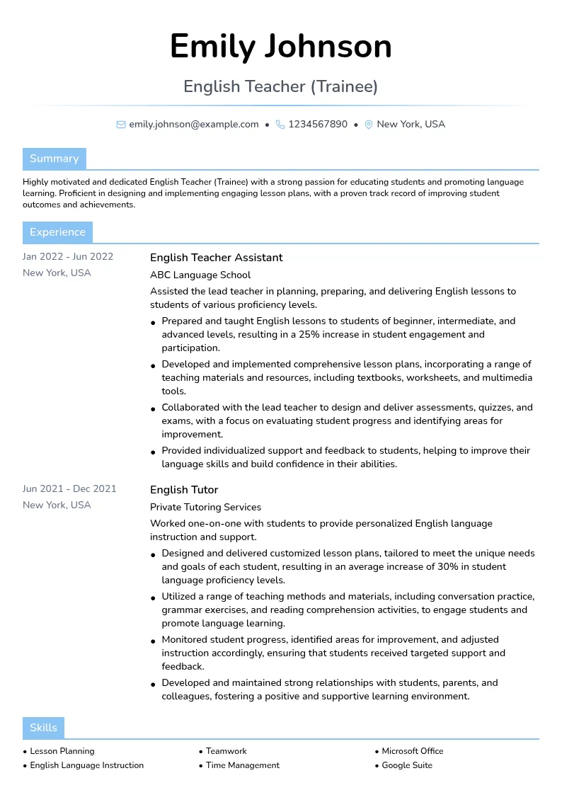 English Teacher (Trainee) resume example