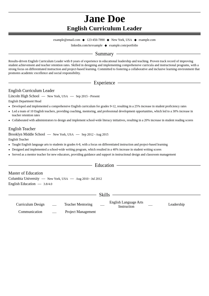 English Curriculum Leader resume example