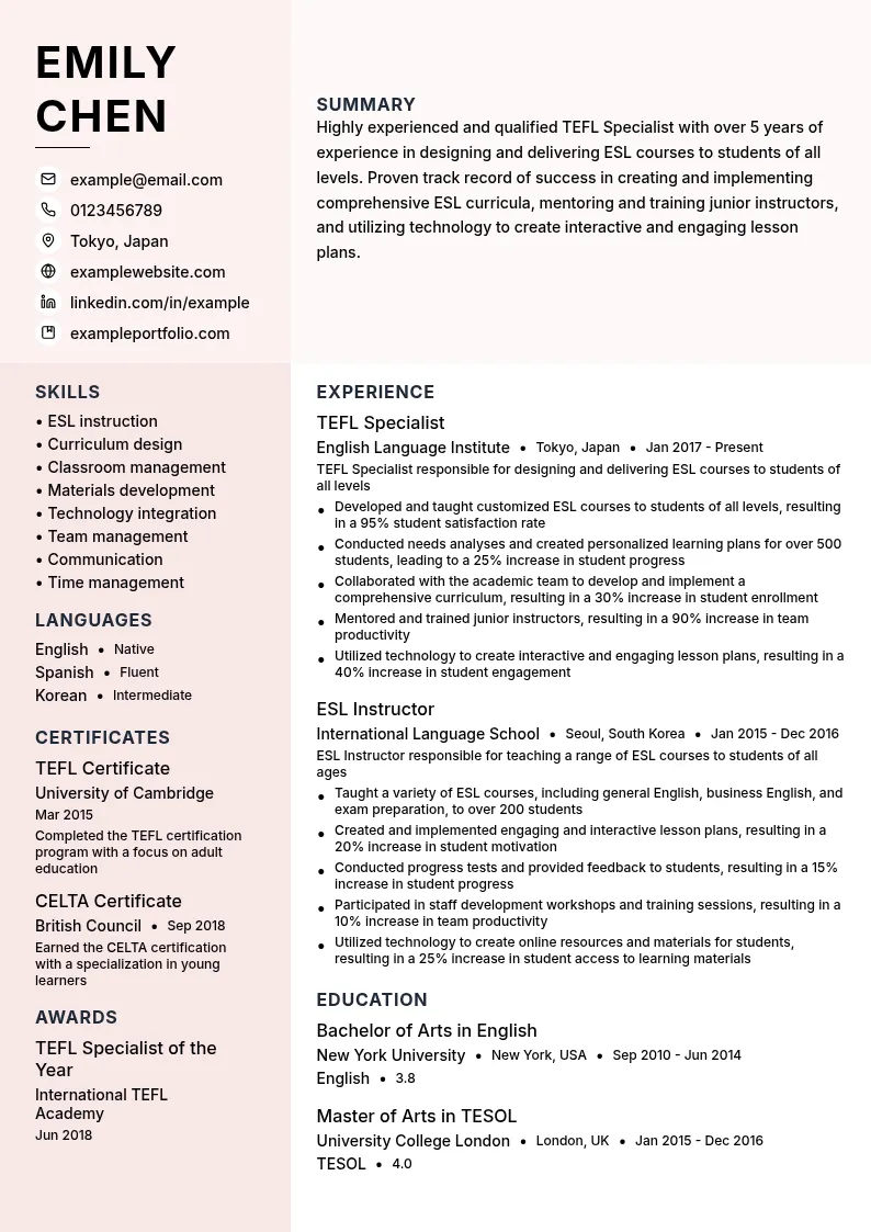 TEFL Specialist resume example