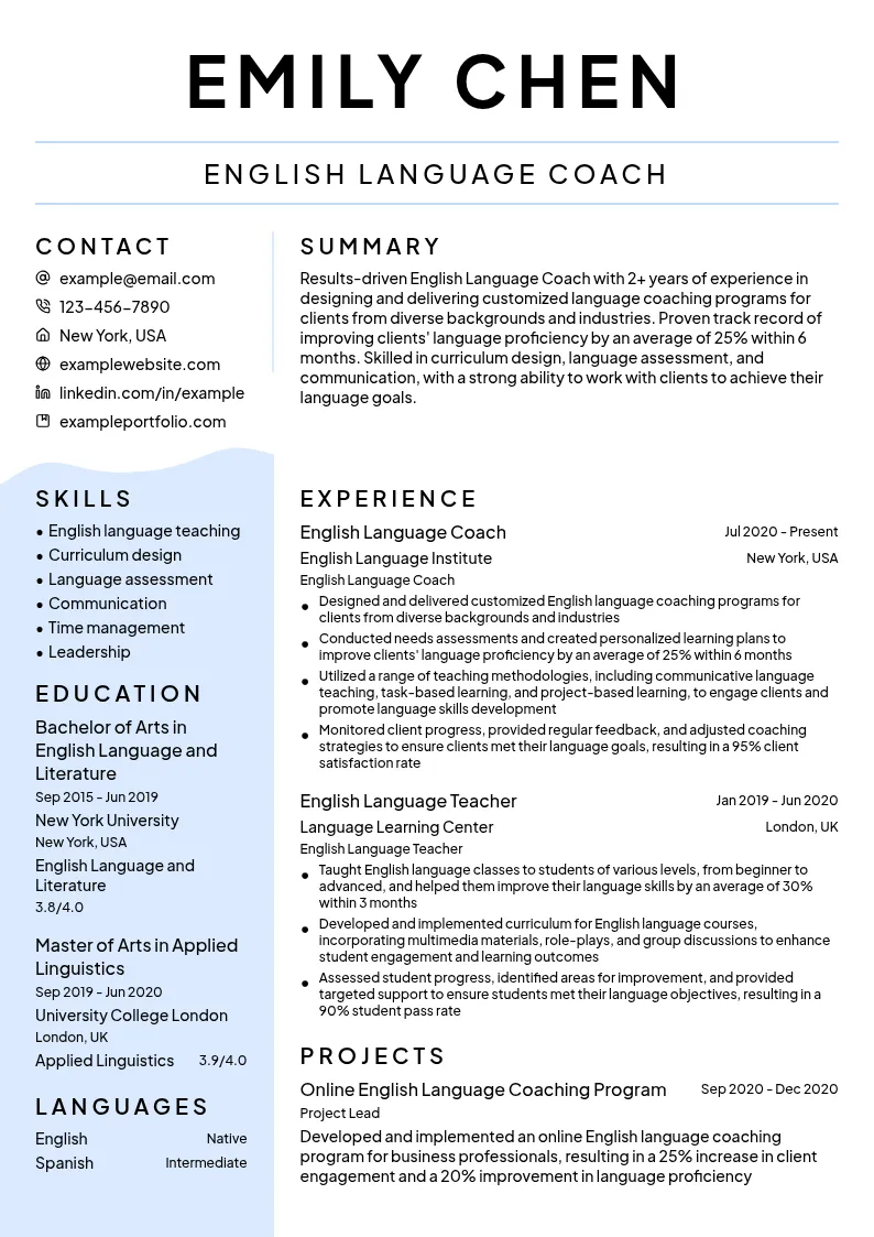 English Language Coach resume example