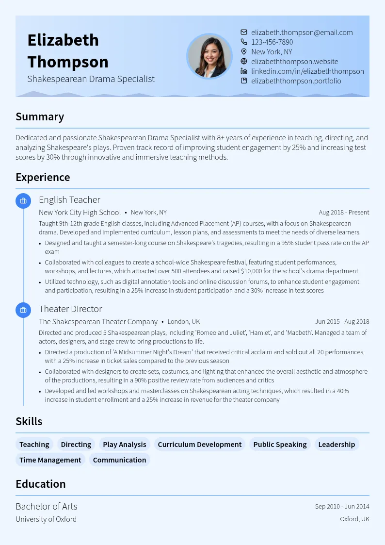 Shakespearean Drama Specialist resume example