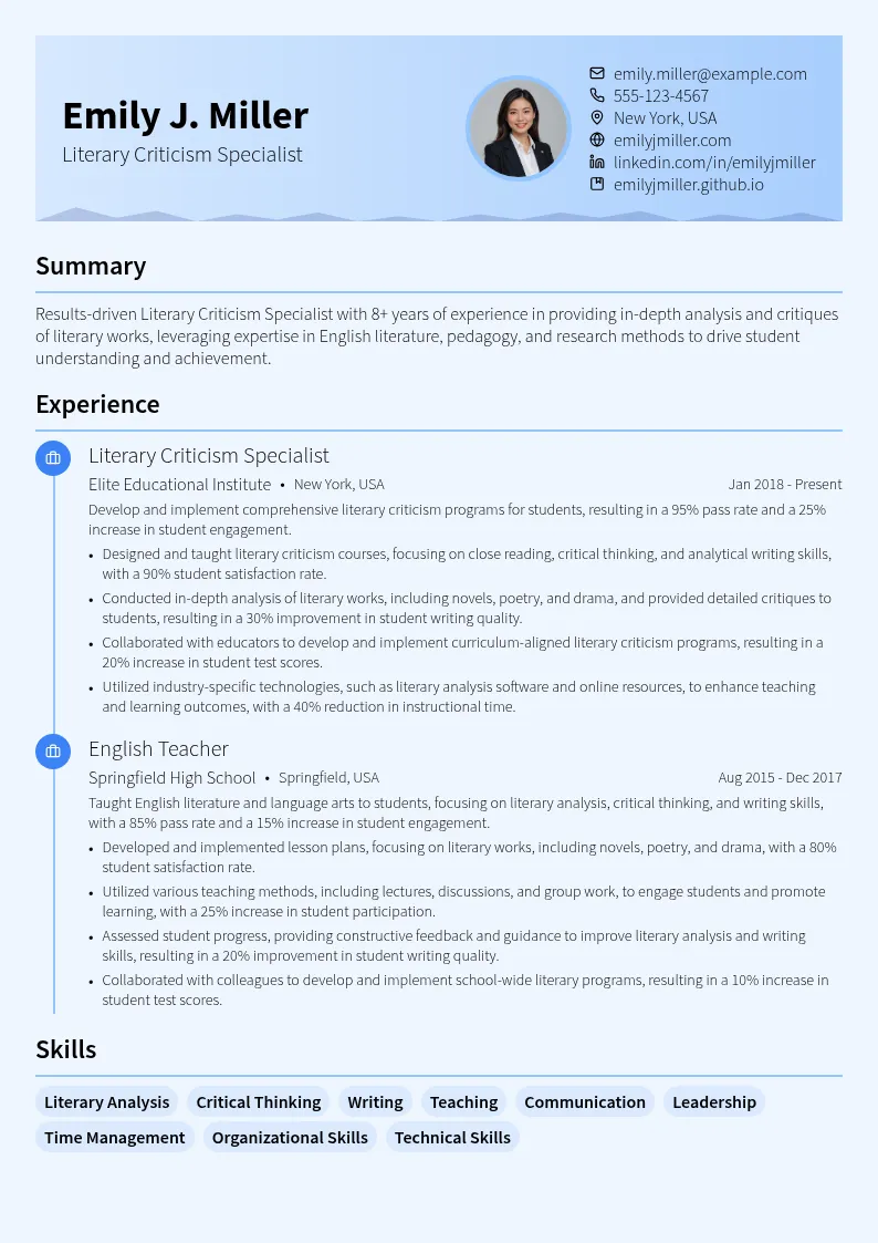Literary Criticism Specialist resume example