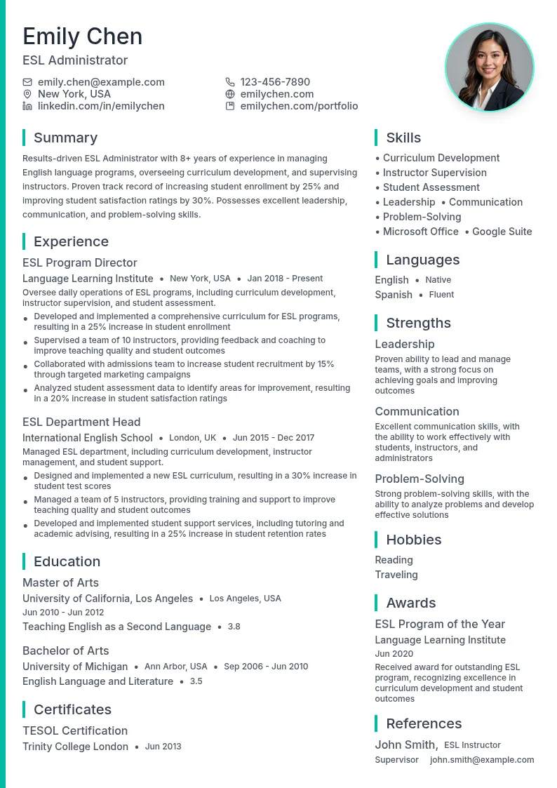 ESL Administrator resume example