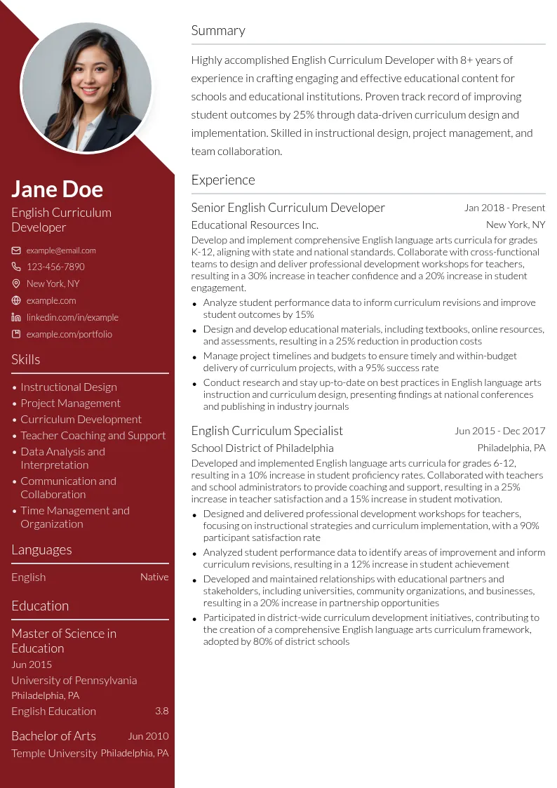 English Curriculum Developer resume example