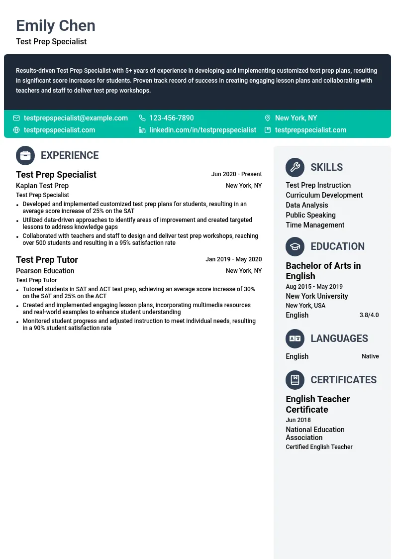 Test Prep Specialist resume example