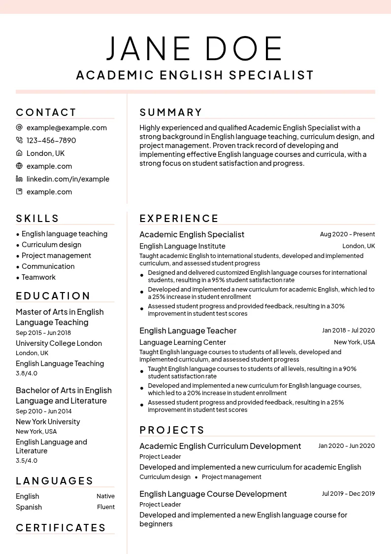 Academic English Specialist resume example