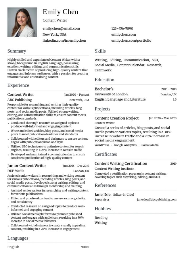 Content Writer (English Language) resume example