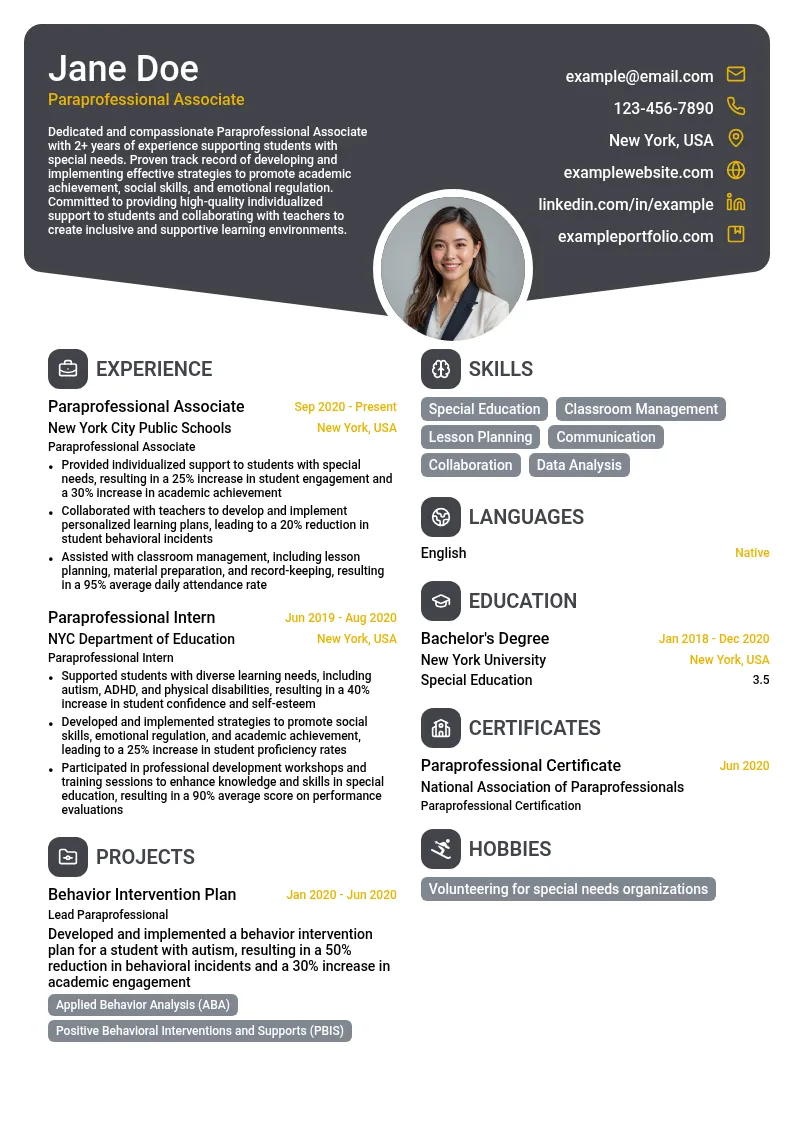 Paraprofessional Associate resume example