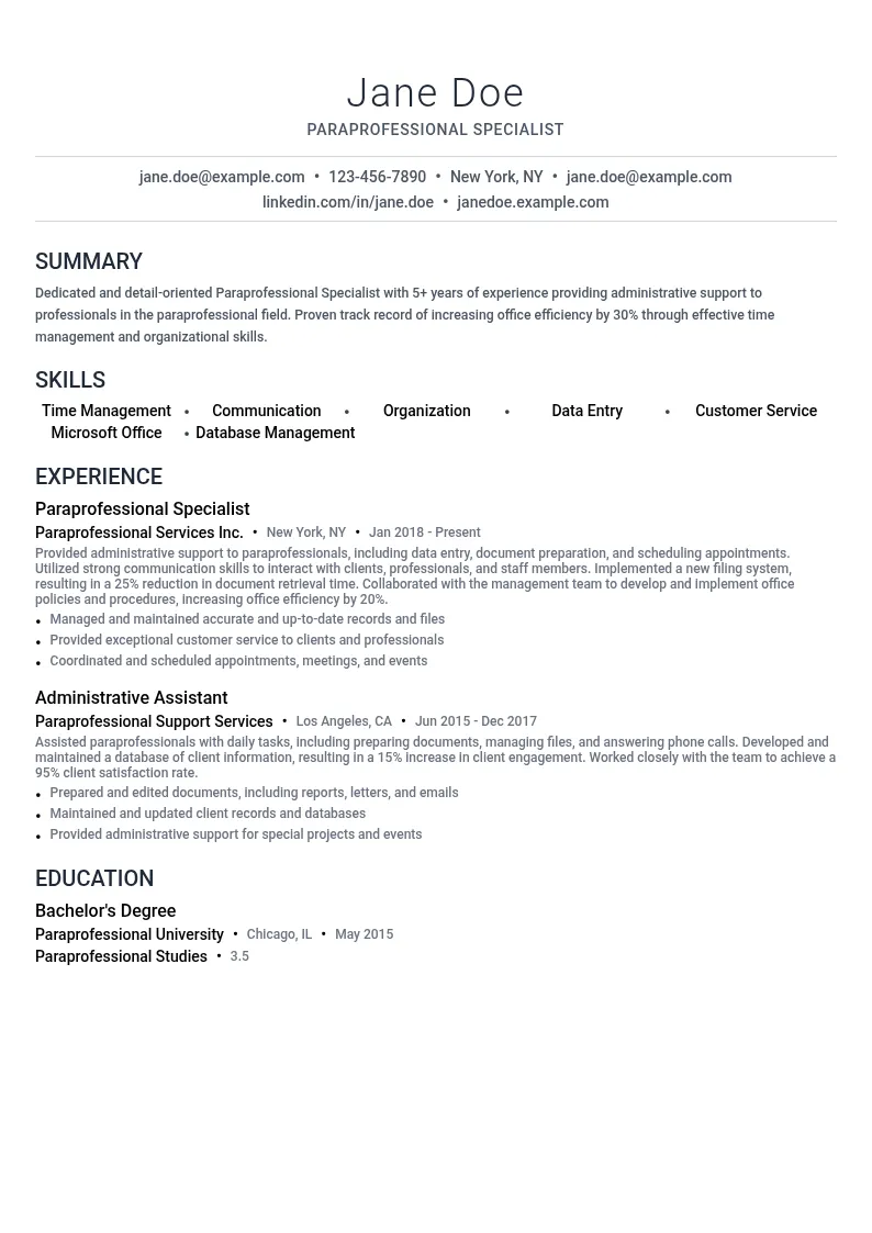 Paraprofessional Specialist resume example