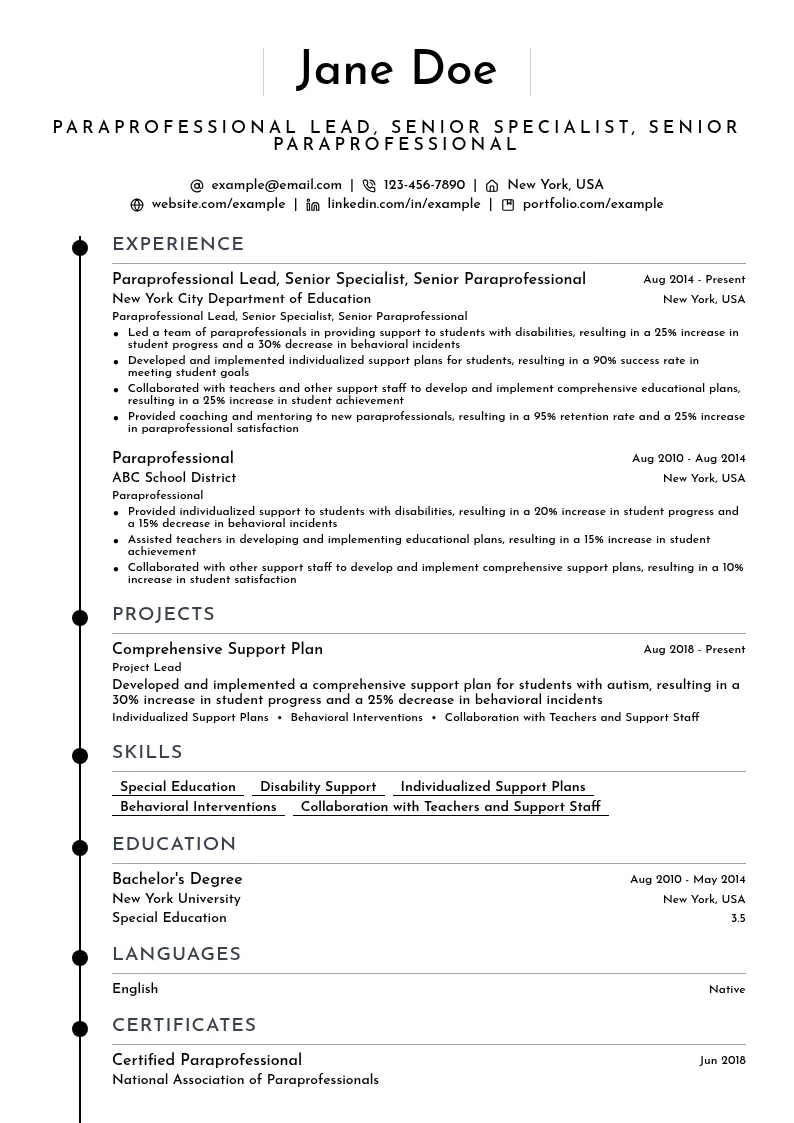 Paraprofessional Lead, Senior Specialist, Senior Paraprofessional resume example