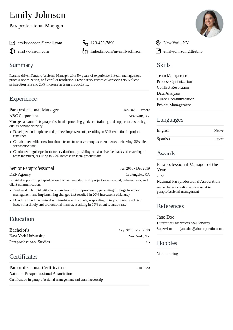 Paraprofessional Manager resume example