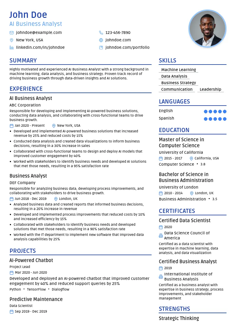 AI Business Analyst resume example