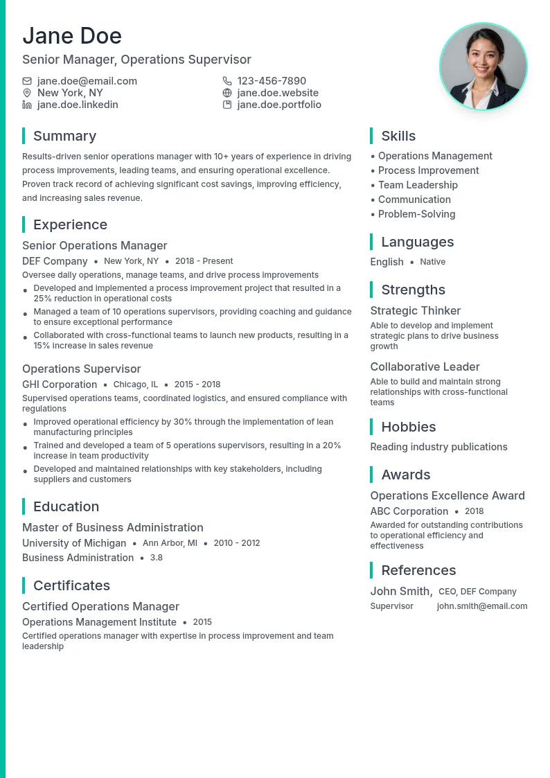 Senior Manager, Operations Supervisor resume example