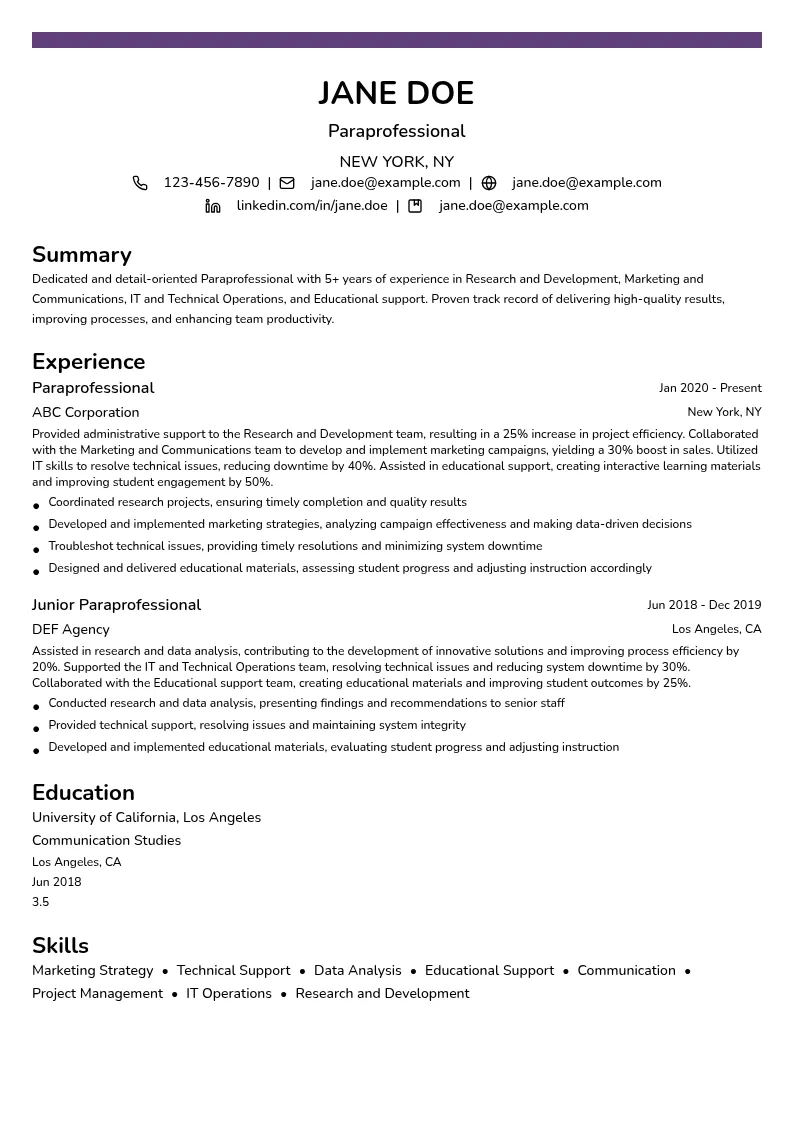 Paraprofessional, Research and Development, Marketing and Communications, IT and Technical Operations, Educational support. resume example