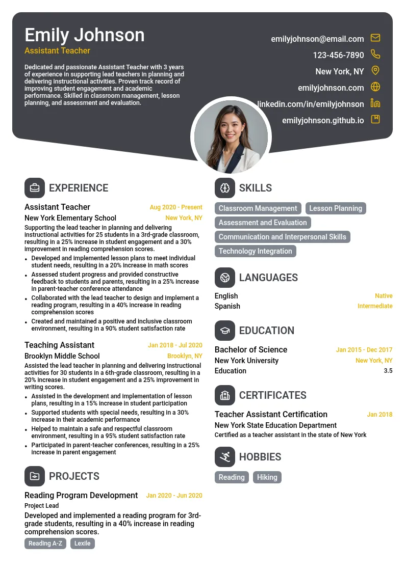 Assistant Teacher resume example
