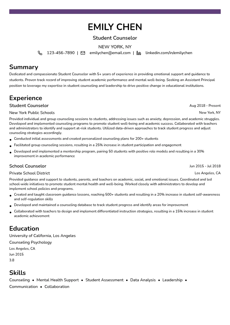 Student Counselor resume example