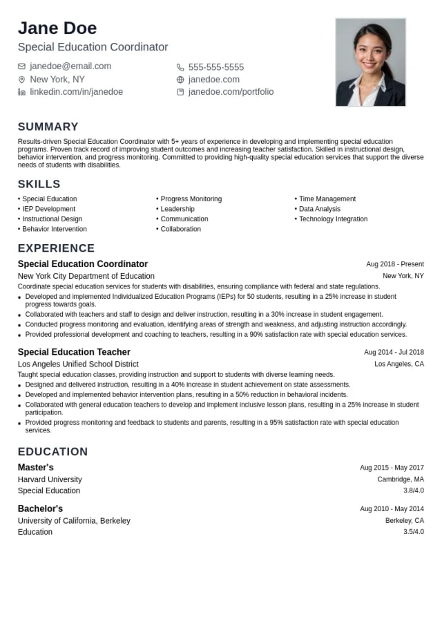 Special Education Coordinator resume example