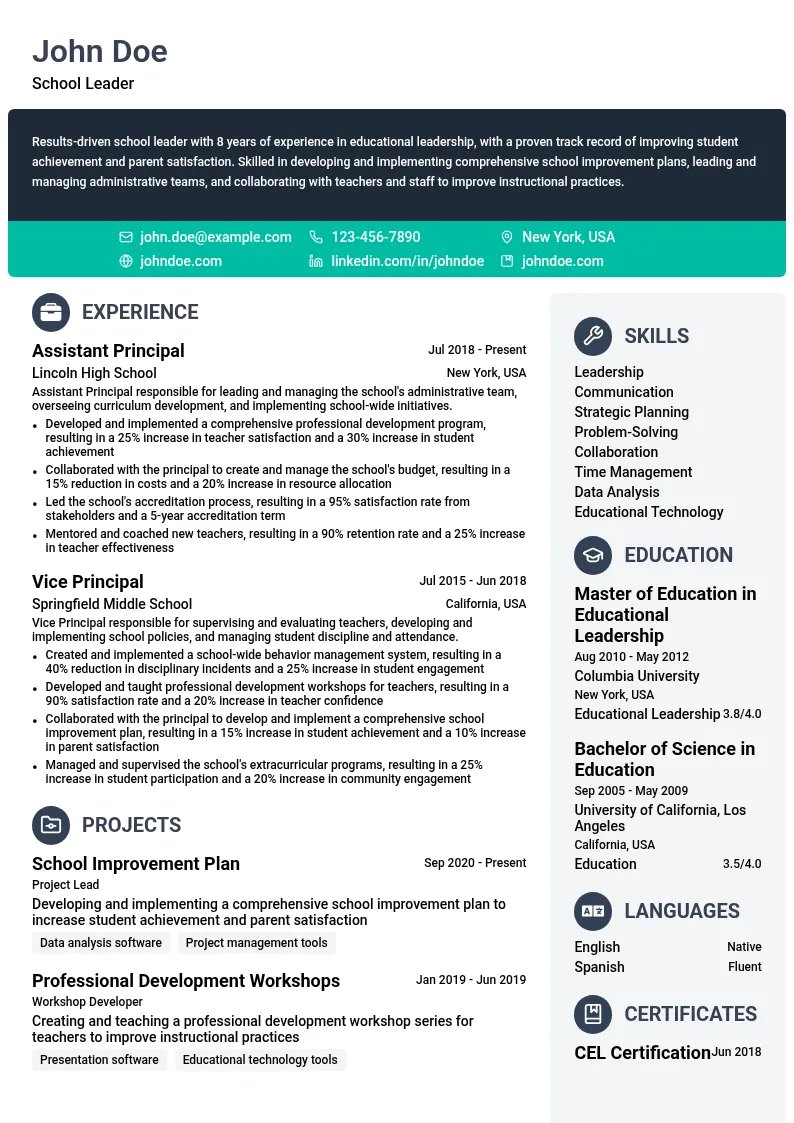 School Leader resume example
