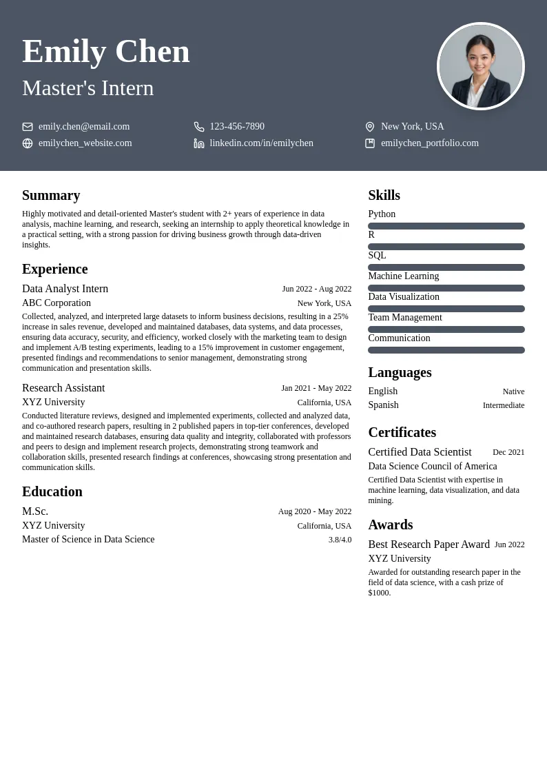 Master's Intern resume example