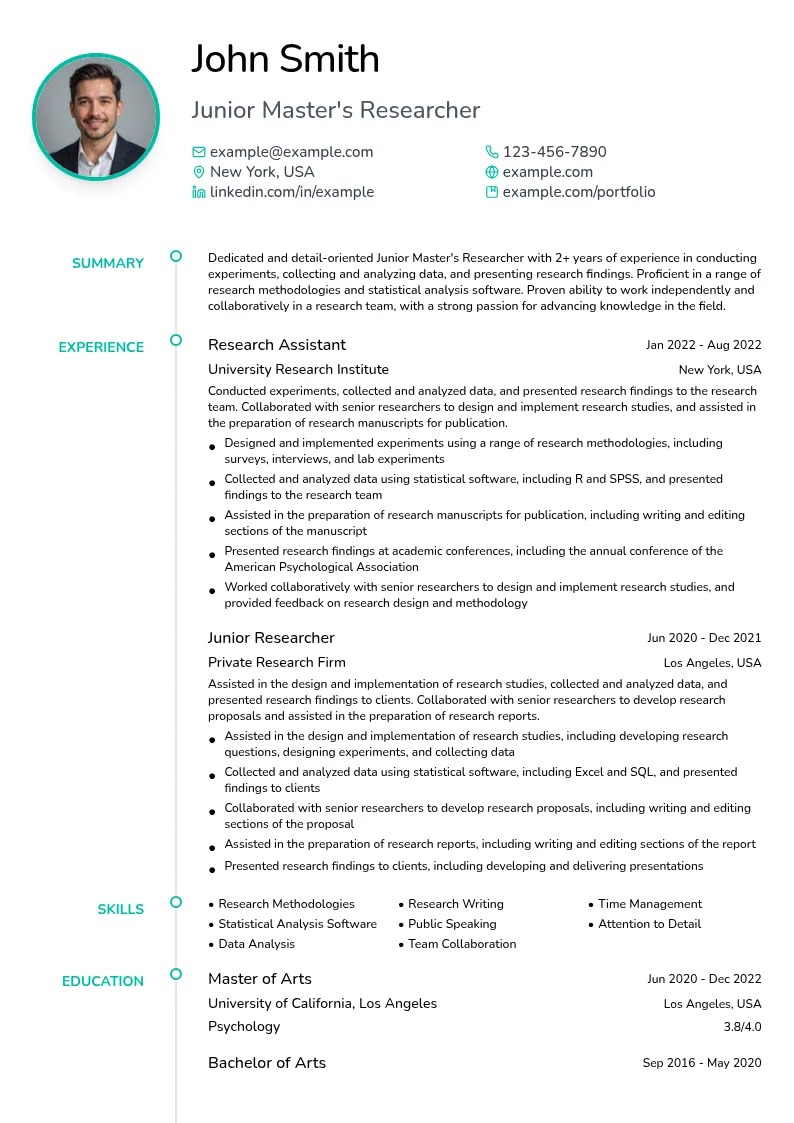 Junior Master's Researcher resume example