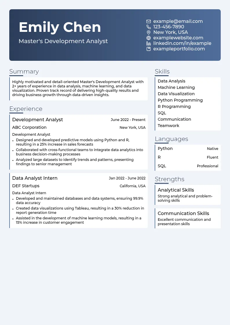 Master's Development Analyst resume example