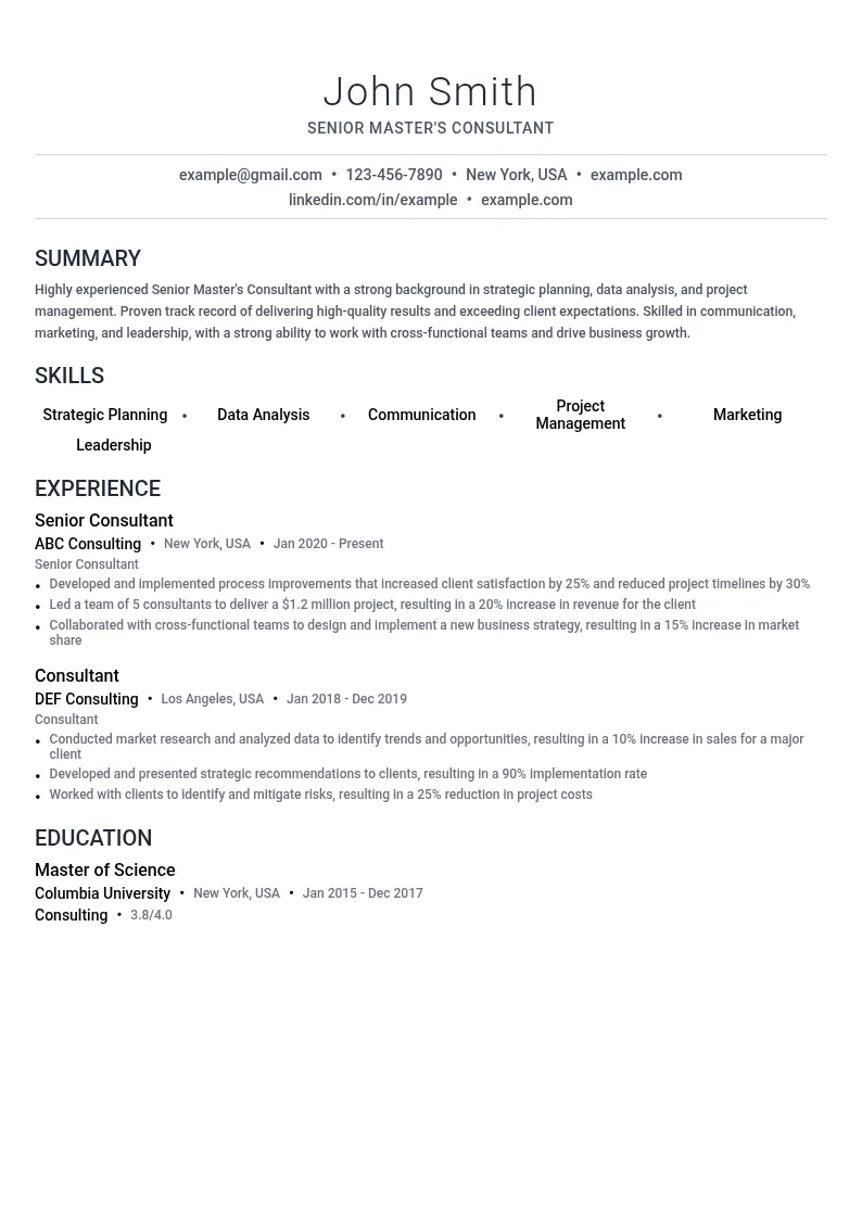 Senior Master's Consultant resume example