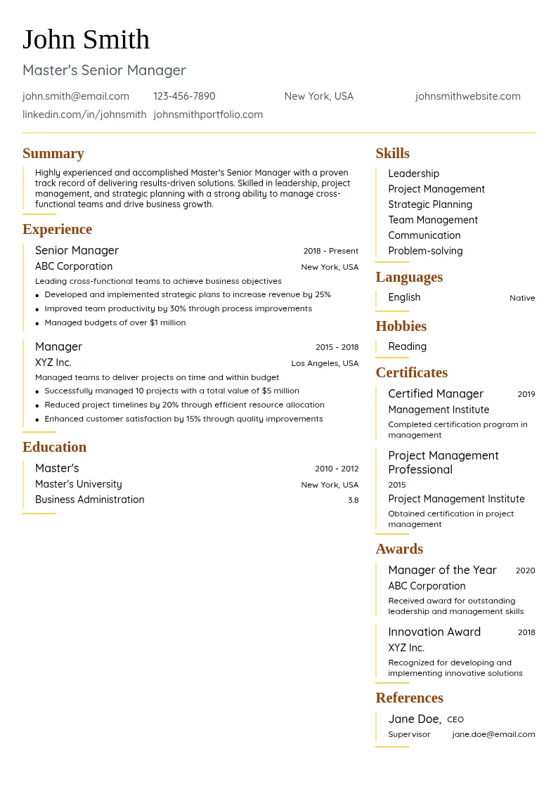 Master's Senior Manager resume example