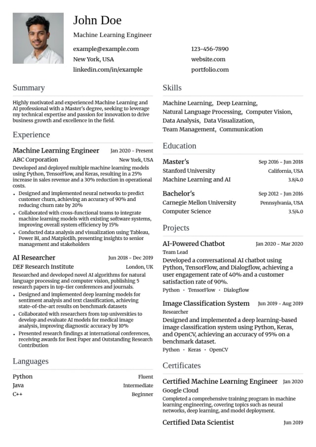 Machine Learning and AI Master's resume example