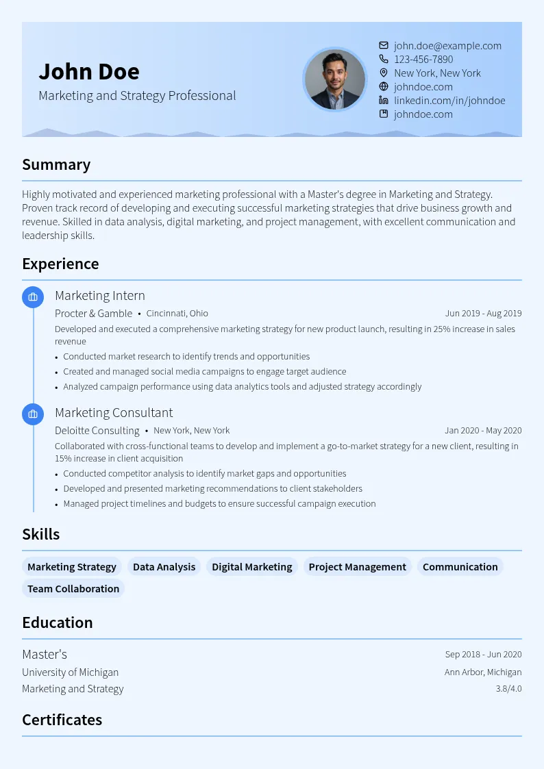 Marketing and Strategy Master's resume example