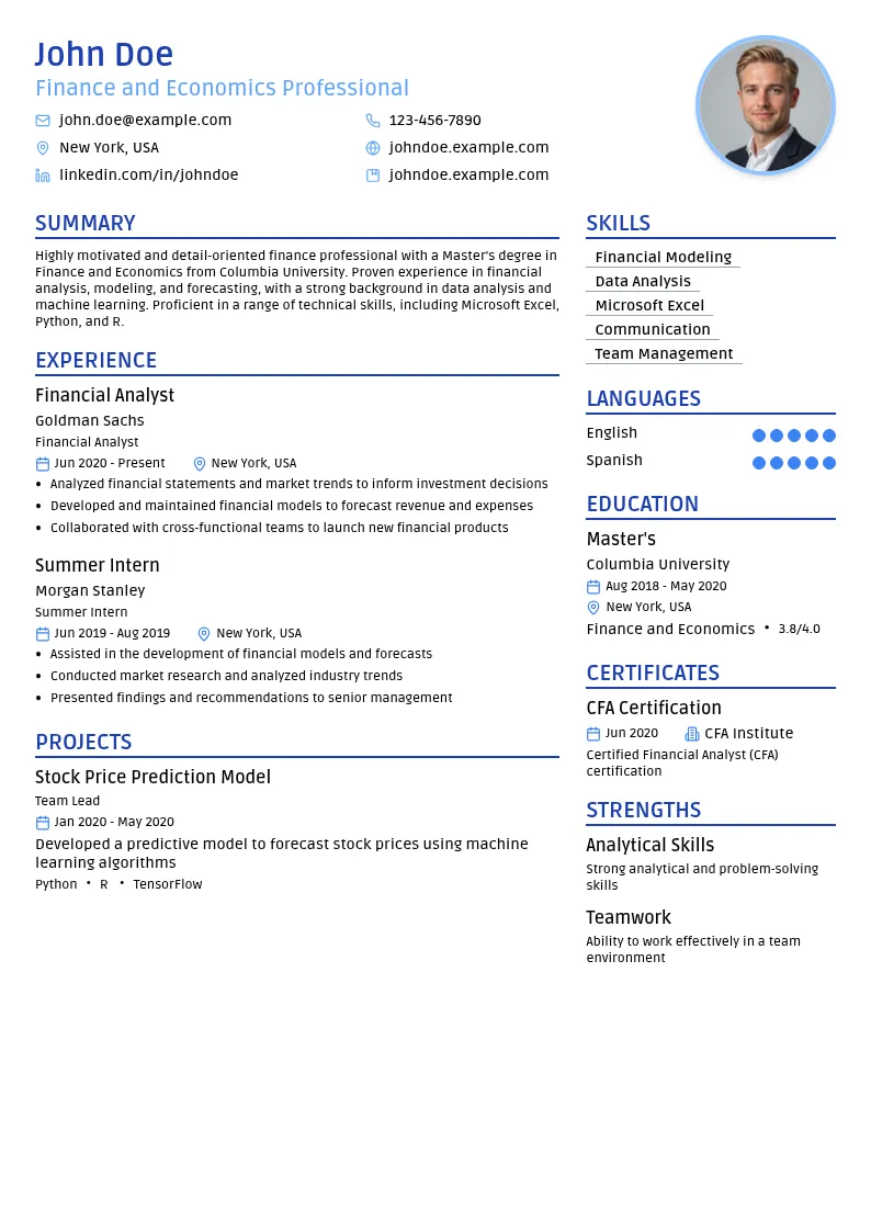Finance and Economics Master's resume example
