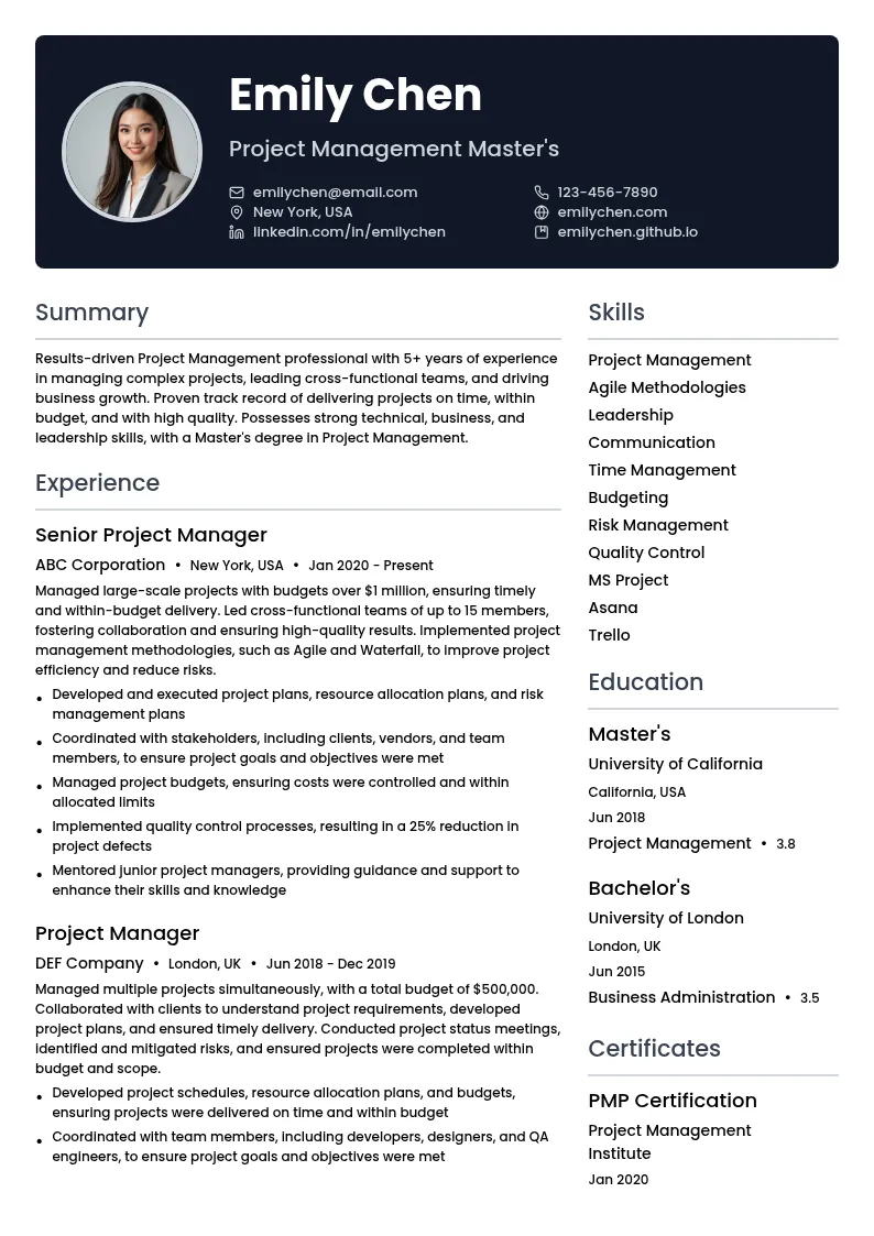 Project Management Master's resume example