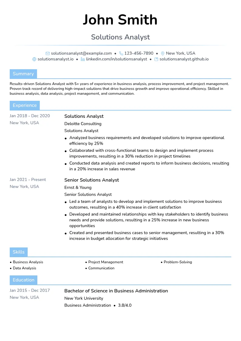 Solutions Analyst resume example