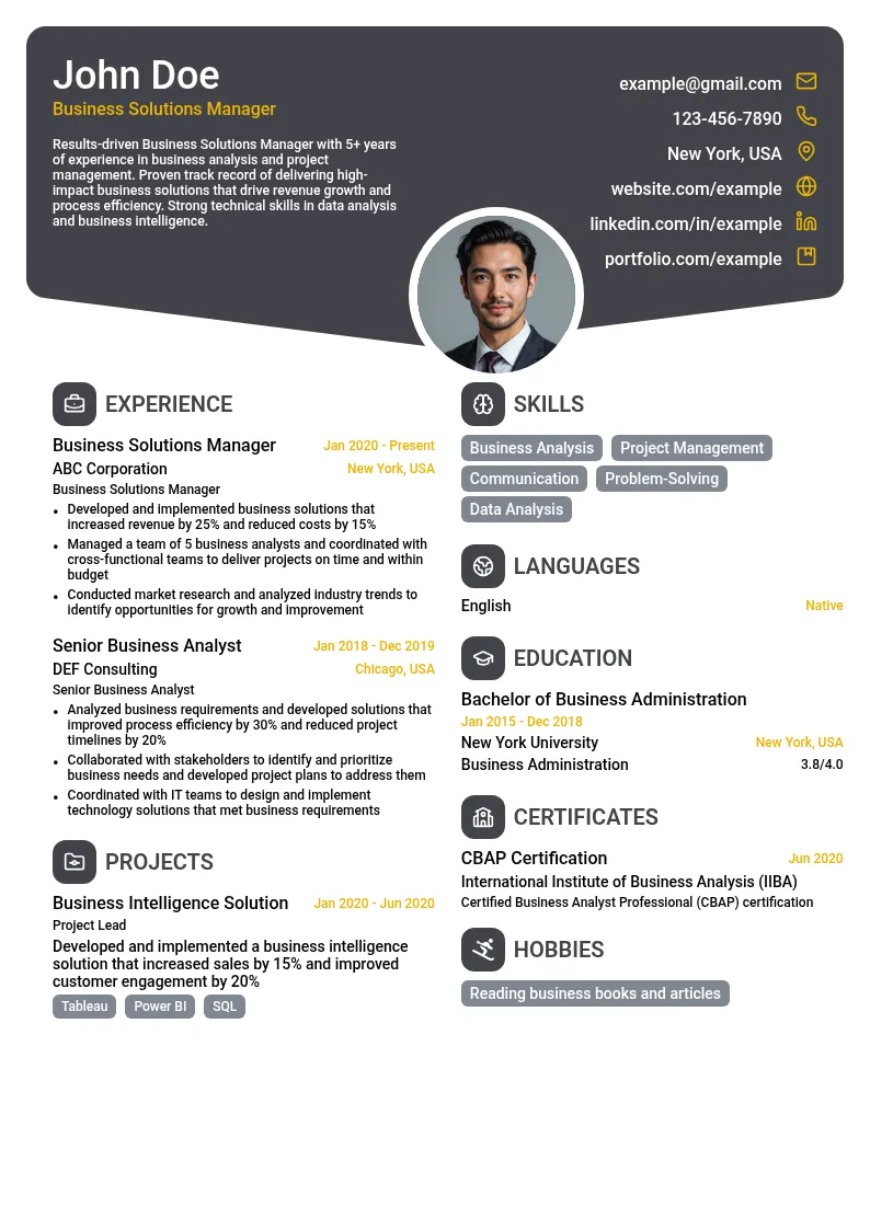 Business Solutions Manager resume example
