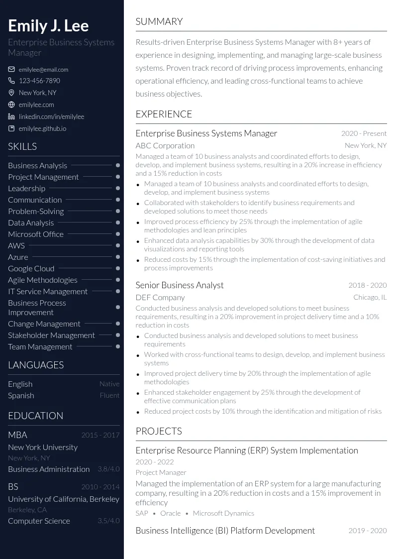 Enterprise Business Systems Manager resume example