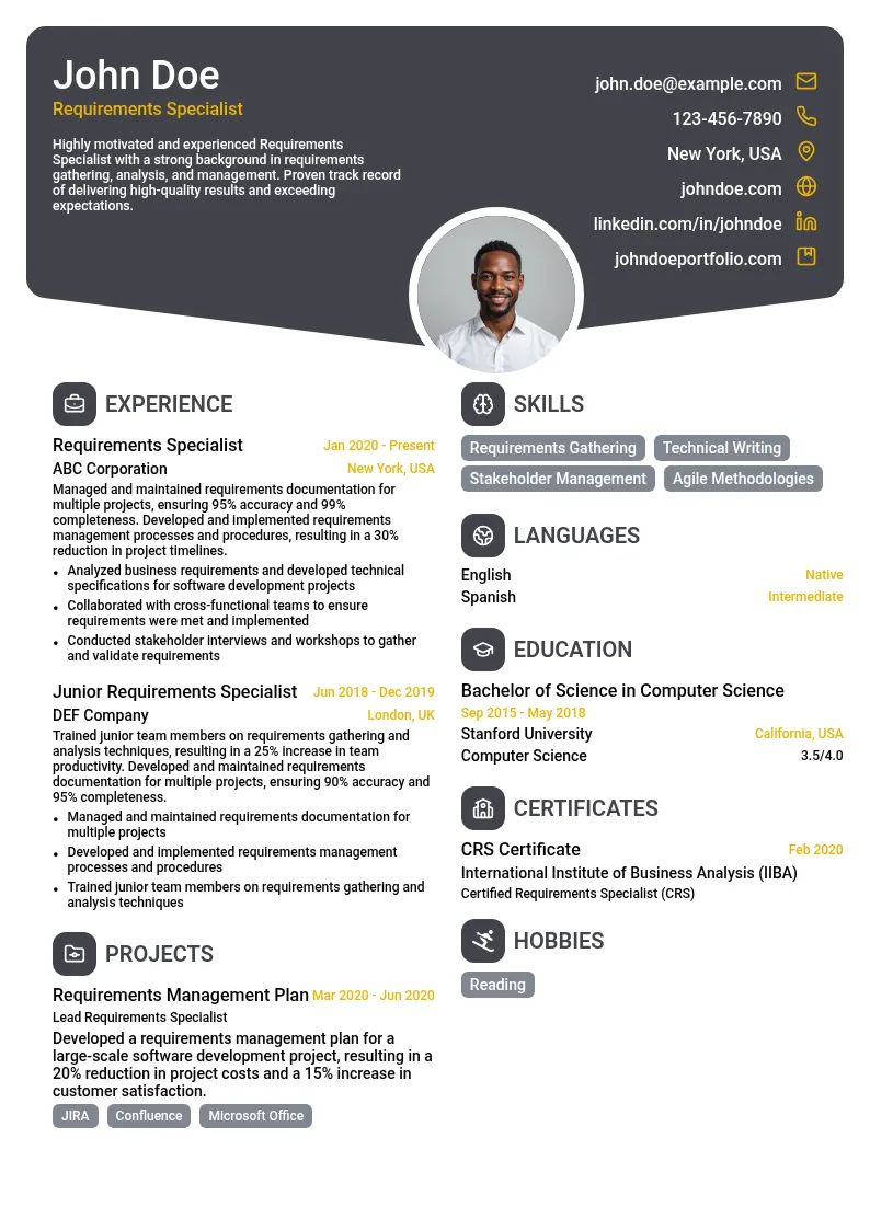 Requirements Specialist resume example