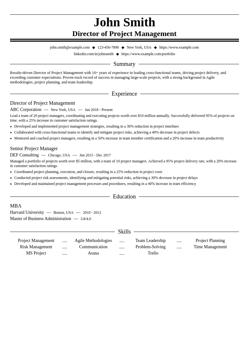 Director of Project Management resume example