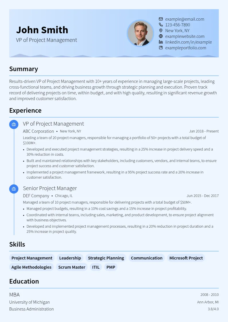 VP of Project Management resume example