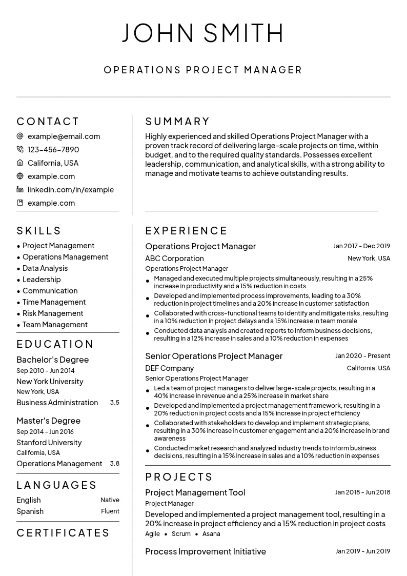 Operations Project Manager resume example