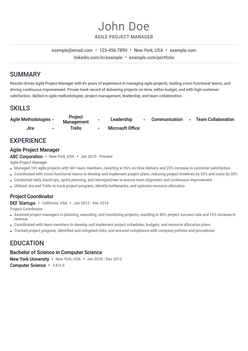 Agile Project Manager resume example