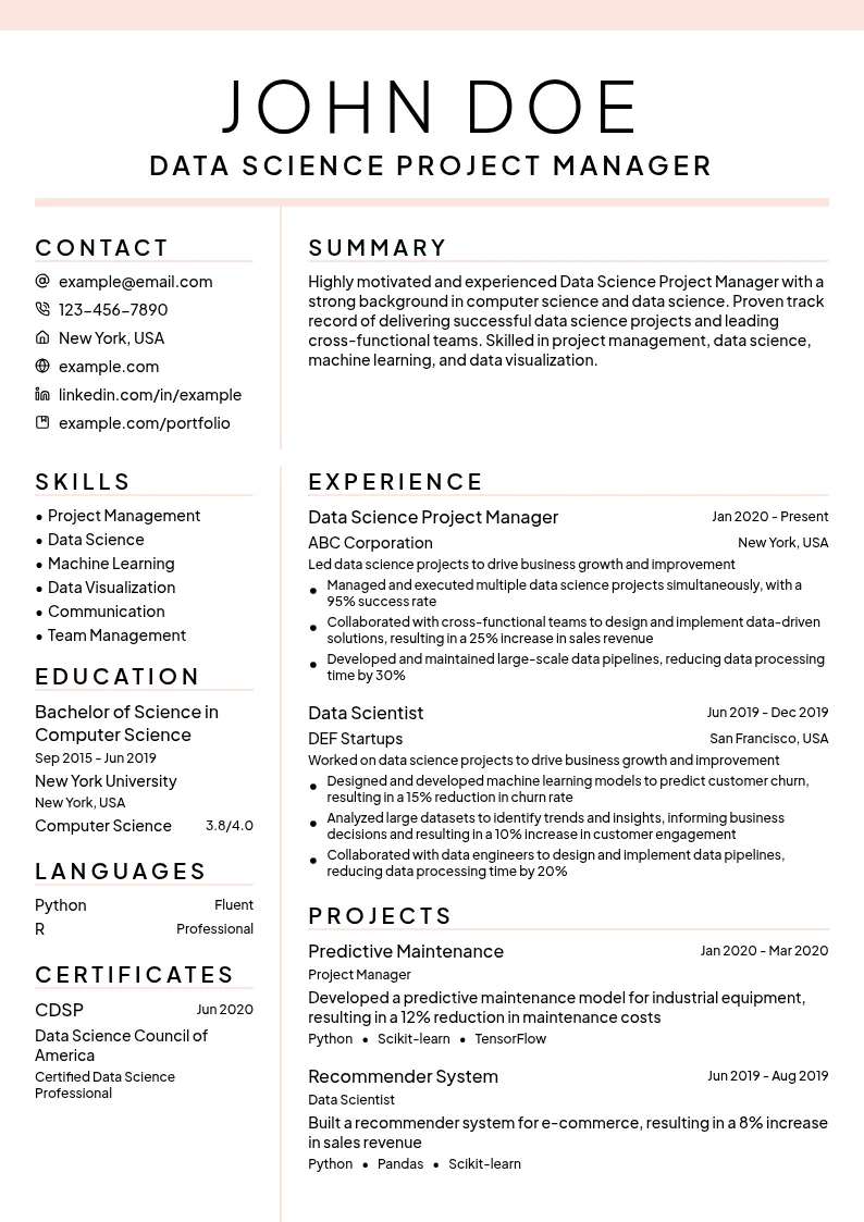 Data Science Project Manager resume example