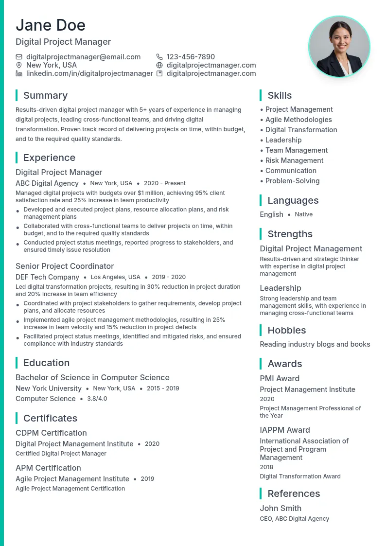 Digital Project Manager resume example